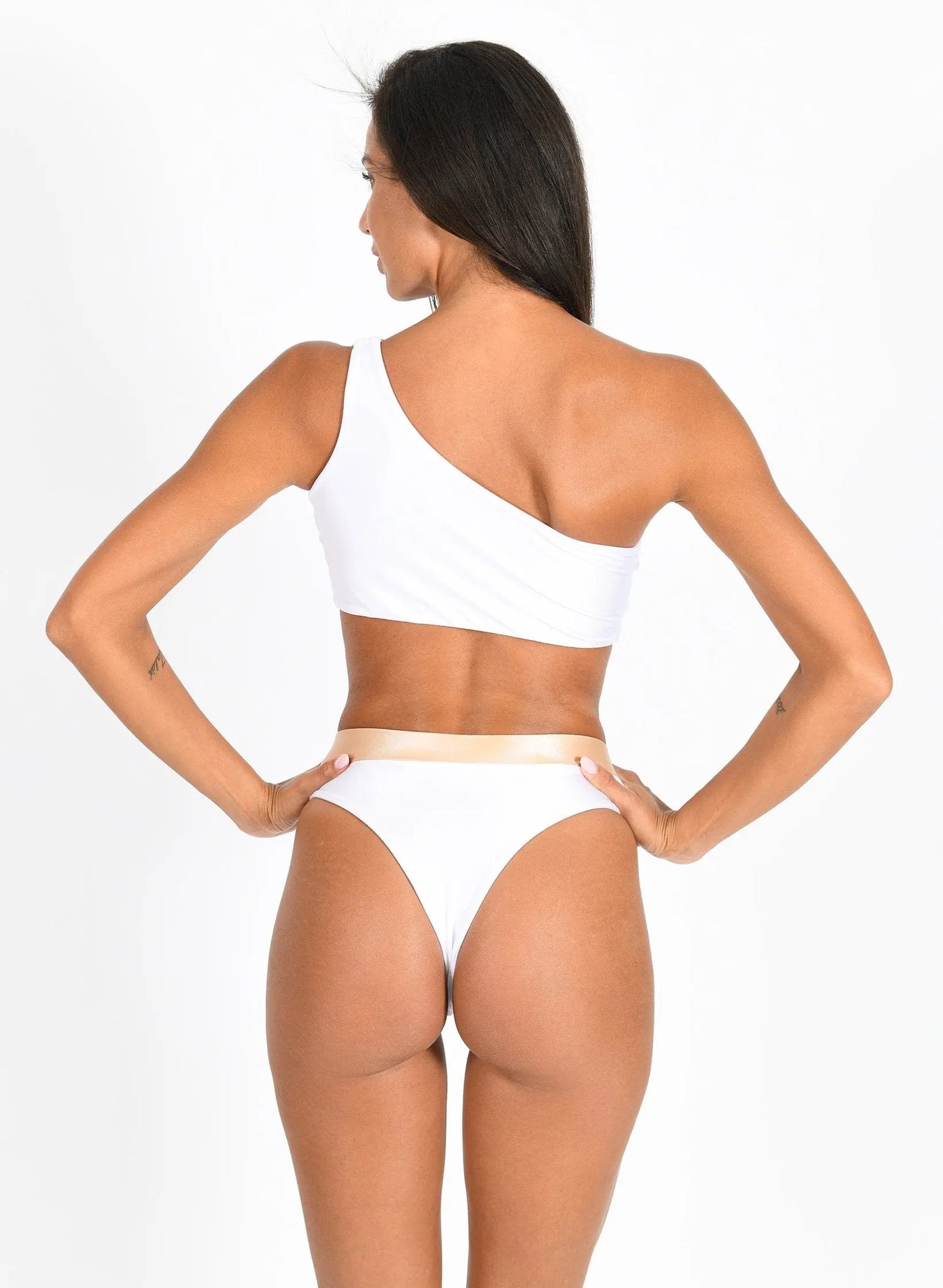 Kira One Shoulder Top & High Waist Bottom - White Regina's Desire Swimwear / Regi Beauty