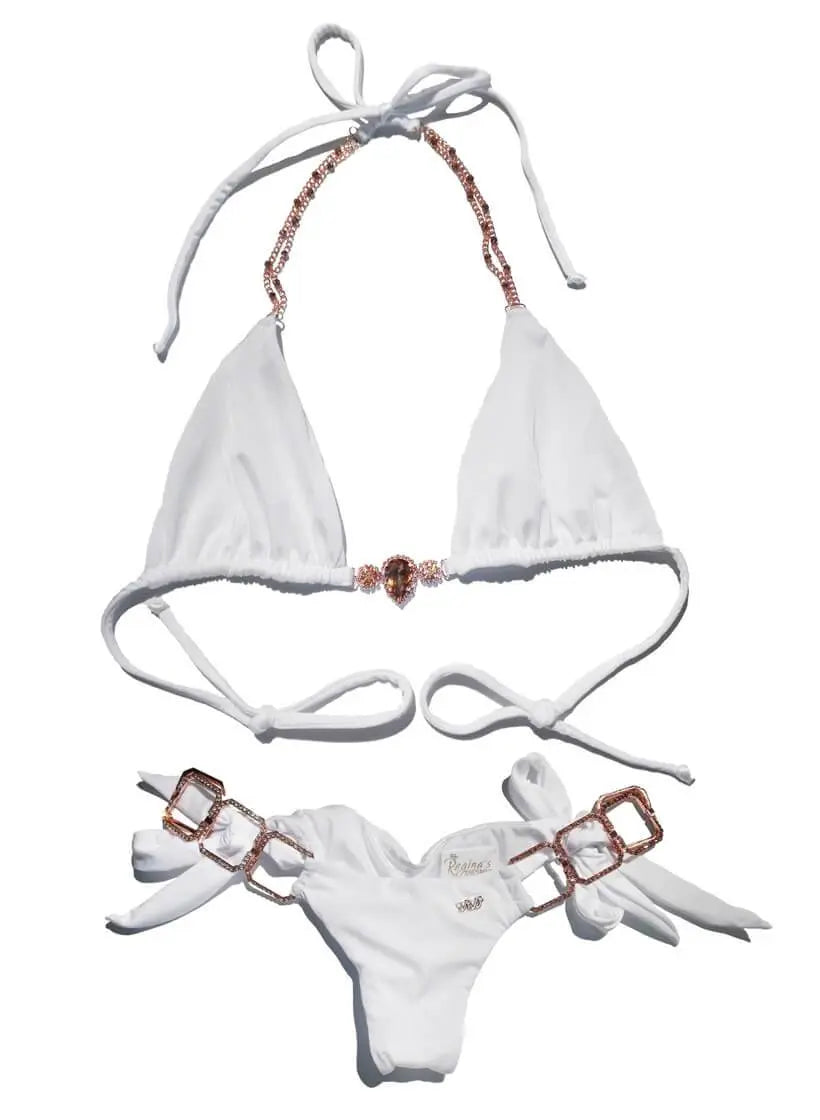 Tessa Triangle Top & Tie Side Bottom - White Regina's Desire Swimwear / Regi Beauty